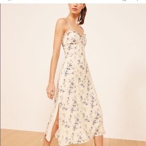 Cassandra cream light blue floral Reformation ruffle detail cami long dress 8